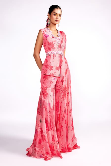 ISHA GUPTA TAYAL_Pink Silk, Crepe Embroidery V-neck Floral Print Peplum Top Sharara Set _Online_at_Aza_Fashions