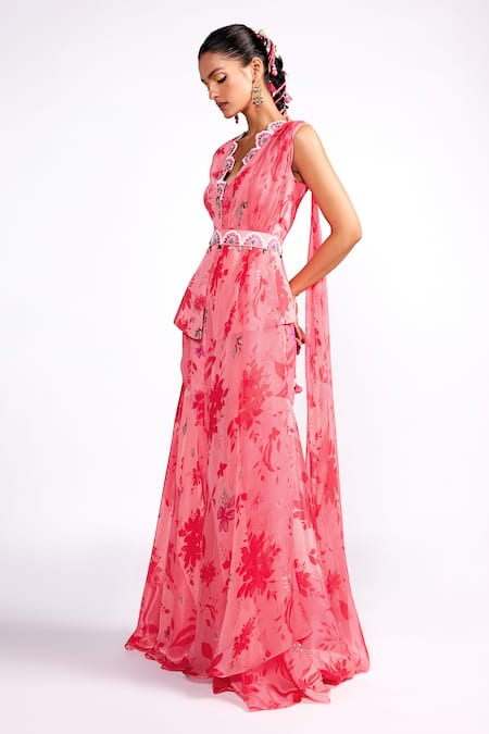 Buy_ISHA GUPTA TAYAL_Pink Silk, Crepe Embroidery V-neck Floral Print Peplum Top Sharara Set _Online_at_Aza_Fashions