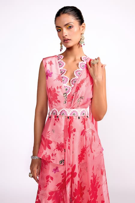 Shop_ISHA GUPTA TAYAL_Pink Silk, Crepe Embroidery V-neck Floral Print Peplum Top Sharara Set _Online_at_Aza_Fashions