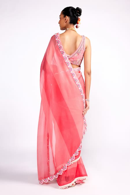 ISHA GUPTA TAYAL_Pink Organza, Georgette, Satin Sequins, Color Block Saree With Floral Blouse _Online_at_Aza_Fashions