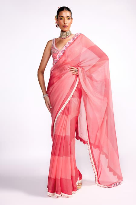 Buy_ISHA GUPTA TAYAL_Pink Organza, Georgette, Satin Sequins, Color Block Saree With Floral Blouse _Online_at_Aza_Fashions