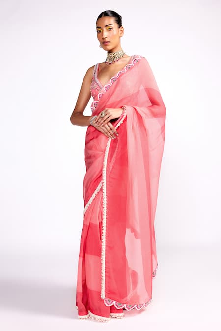 Shop_ISHA GUPTA TAYAL_Pink Organza, Georgette, Satin Sequins, Color Block Saree With Floral Blouse _Online_at_Aza_Fashions