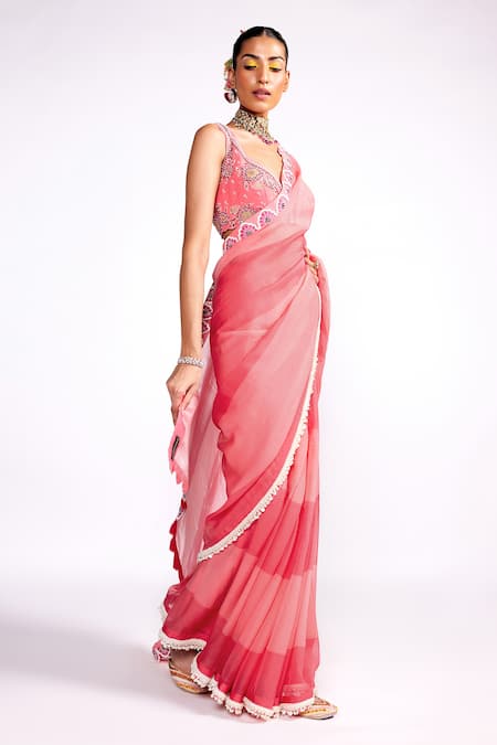 ISHA GUPTA TAYAL_Pink Organza, Georgette, Satin Sequins, Color Block Saree With Floral Blouse _at_Aza_Fashions