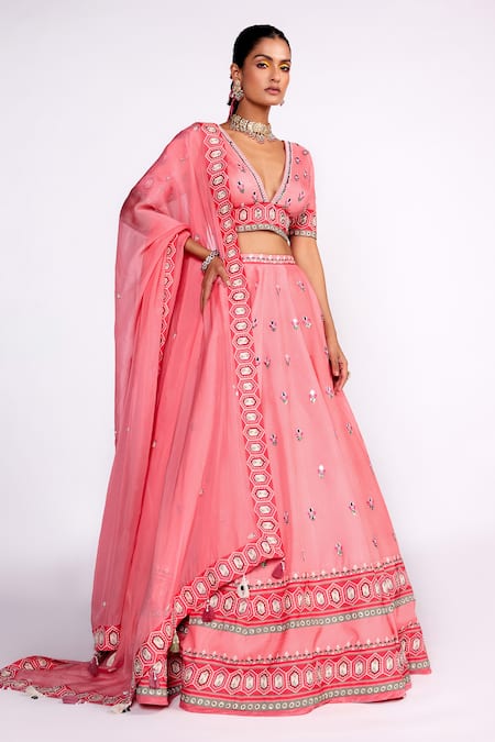 ISHA GUPTA TAYAL_Pink Silk, Crepe Sequins, Cut Work Plunge Neck Floral Embroidered Lehenga Set _Online_at_Aza_Fashions