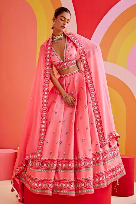 Buy_ISHA GUPTA TAYAL_Pink Silk, Crepe Sequins, Cut Work Plunge Neck Floral Embroidered Lehenga Set _Online_at_Aza_Fashions