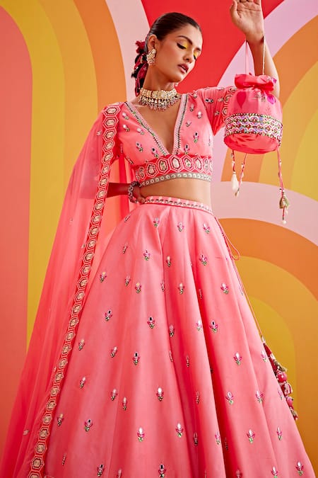 ISHA GUPTA TAYAL_Pink Silk, Crepe Sequins, Cut Work Plunge Neck Floral Embroidered Lehenga Set _at_Aza_Fashions