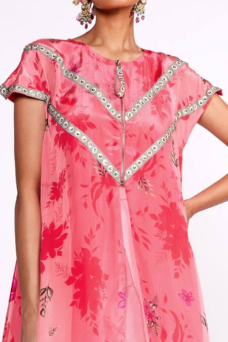 ISHA GUPTA TAYAL_Pink Silk, Crepe Embroidery Round Neck Floral Print Kaftan Jacket Tulip Pant Set _Online_at_Aza_Fashions