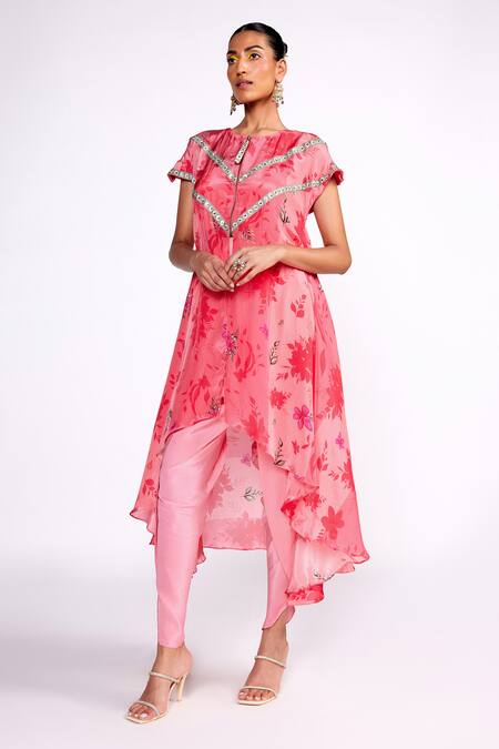 Buy_ISHA GUPTA TAYAL_Pink Silk, Crepe Embroidery Round Neck Floral Print Kaftan Jacket Tulip Pant Set _Online_at_Aza_Fashions