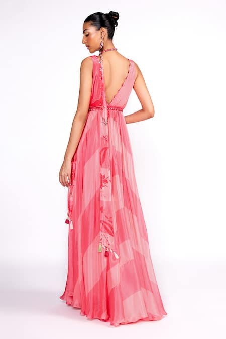 Shop ISHA GUPTA TAYAL Pink Chiffon, Satin Cut Work, Striped Print Anarkali With Scarf Dupatta at Aza Fashions Shop_ISHA GUPTA TAYAL_Pink Chiffon, Satin Cut Work, Striped Print Anarkali With Scarf Dupatta _at_Aza_Fashions