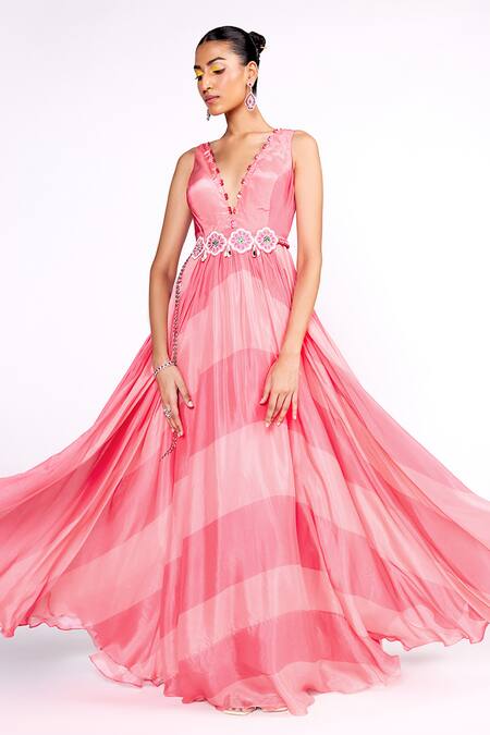 ISHA GUPTA TAYAL Pink Chiffon, Satin Cut Work, Striped Print Anarkali With Scarf Dupatta Online at Aza Fashions ISHA GUPTA TAYAL_Pink Chiffon, Satin Cut Work, Striped Print Anarkali With Scarf Dupatta _Online_at_Aza_Fashions