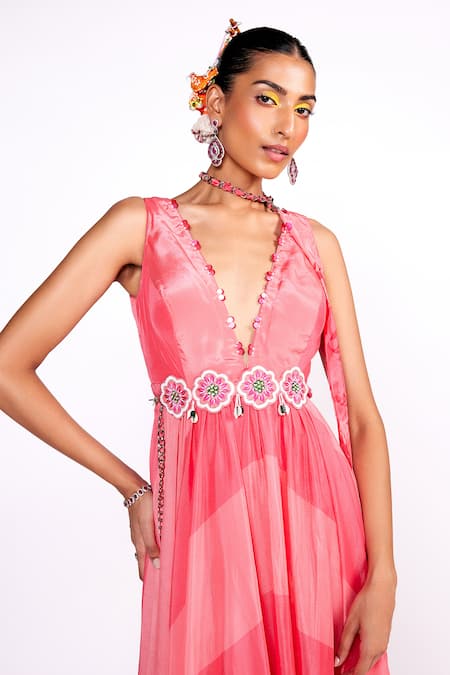 Buy ISHA GUPTA TAYAL Pink Chiffon, Satin Cut Work, Striped Print Anarkali With Scarf Dupatta Online at Aza Fashions Buy_ISHA GUPTA TAYAL_Pink Chiffon, Satin Cut Work, Striped Print Anarkali With Scarf Dupatta _Online_at_Aza_Fashions