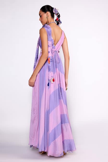 Shop_ISHA GUPTA TAYAL_Purple Chiffon, Satin Cut Work, Embroidery, Striped Print Anarkali With Dupatta _at_Aza_Fashions