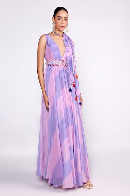 ISHA GUPTA TAYAL_Purple Chiffon, Satin Cut Work, Embroidery, Striped Print Anarkali With Dupatta _Online_at_Aza_Fashions