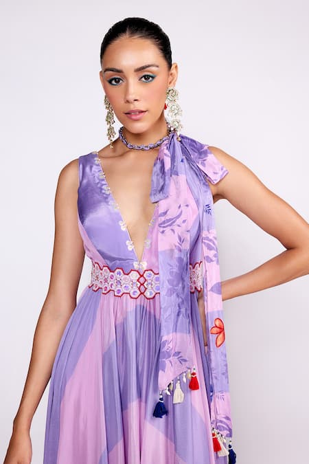 Buy_ISHA GUPTA TAYAL_Purple Chiffon, Satin Cut Work, Embroidery, Striped Print Anarkali With Dupatta _Online_at_Aza_Fashions