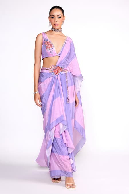 Isha Gupta Tayal Purple Saree  Chiffon Printed Striped Deep V Neck Pre-draped With Blouse 