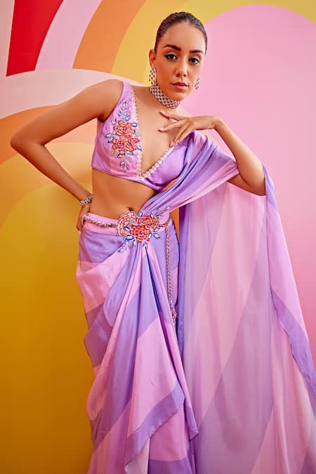 ISHA GUPTA TAYAL Purple Chiffon, Crepe Cut Work, Striped Print Pre-draped Saree With Blouse Online at Aza Fashions ISHA GUPTA TAYAL_Purple Chiffon, Crepe Cut Work, Striped Print Pre-draped Saree With Blouse _Online_at_Aza_Fashions