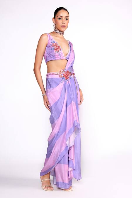 Buy ISHA GUPTA TAYAL Purple Chiffon, Crepe Cut Work, Striped Print Pre-draped Saree With Blouse Online at Aza Fashions Buy_ISHA GUPTA TAYAL_Purple Chiffon, Crepe Cut Work, Striped Print Pre-draped Saree With Blouse _Online_at_Aza_Fashions