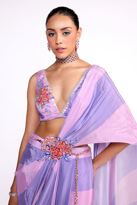 Shop ISHA GUPTA TAYAL Purple Chiffon, Crepe Cut Work, Striped Print Pre-draped Saree With Blouse Online at Aza Fashions Shop_ISHA GUPTA TAYAL_Purple Chiffon, Crepe Cut Work, Striped Print Pre-draped Saree With Blouse _Online_at_Aza_Fashions