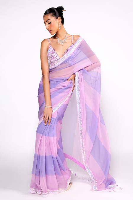 Buy ISHA GUPTA TAYAL Purple Satin Cut Work, Sequins V-neck Striped Print Saree With Blouse Online at Aza Fashions Buy_ISHA GUPTA TAYAL_Purple Satin Cut Work, Sequins V-neck Striped Print Saree With Blouse _Online_at_Aza_Fashions
