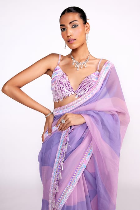 Shop ISHA GUPTA TAYAL Purple Satin Cut Work, Sequins V-neck Striped Print Saree With Blouse Online at Aza Fashions Shop_ISHA GUPTA TAYAL_Purple Satin Cut Work, Sequins V-neck Striped Print Saree With Blouse _Online_at_Aza_Fashions