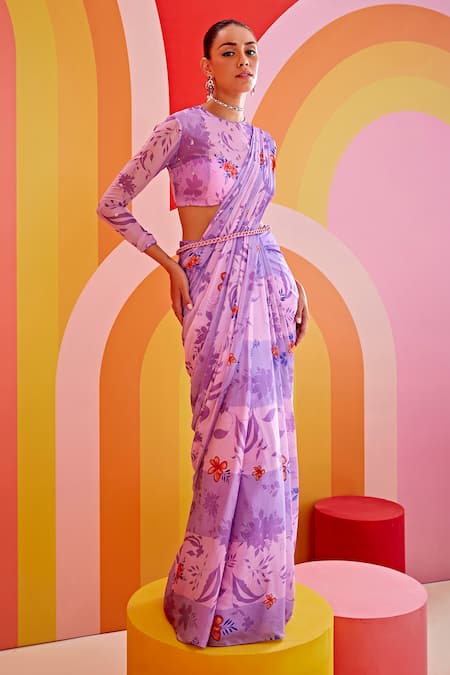 ISHA GUPTA TAYAL Purple Chiffon, Georgette, Printed Pre-draped Saree With Embroidered Blouse Online at Aza Fashions ISHA GUPTA TAYAL_Purple Chiffon, Georgette, Printed Pre-draped Saree With Embroidered Blouse _Online_at_Aza_Fashions