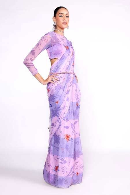 Buy ISHA GUPTA TAYAL Purple Chiffon, Georgette, Printed Pre-draped Saree With Embroidered Blouse Online at Aza Fashions Buy_ISHA GUPTA TAYAL_Purple Chiffon, Georgette, Printed Pre-draped Saree With Embroidered Blouse _Online_at_Aza_Fashions