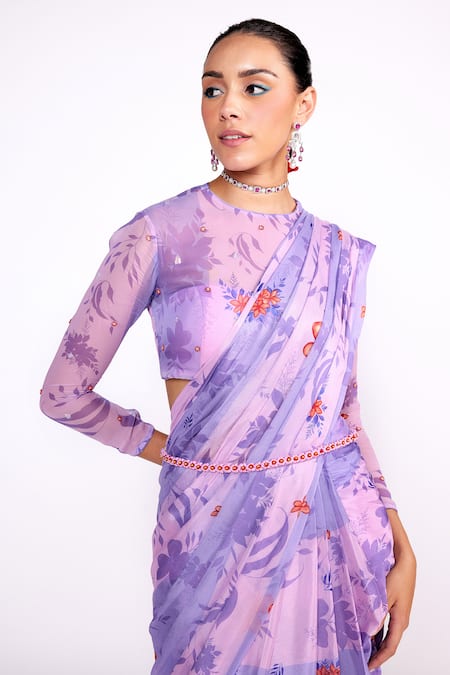 Shop ISHA GUPTA TAYAL Purple Chiffon, Georgette, Printed Pre-draped Saree With Embroidered Blouse Online at Aza Fashions Shop_ISHA GUPTA TAYAL_Purple Chiffon, Georgette, Printed Pre-draped Saree With Embroidered Blouse _Online_at_Aza_Fashions