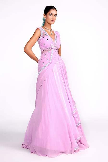 ISHA GUPTA TAYAL Purple Net, Satin Sequins, Cut Work Border Embroidered Lehenga Saree With Blouse Online at Aza Fashions ISHA GUPTA TAYAL_Purple Net, Satin Sequins, Cut Work Border Embroidered Lehenga Saree With Blouse _Online_at_Aza_Fashions