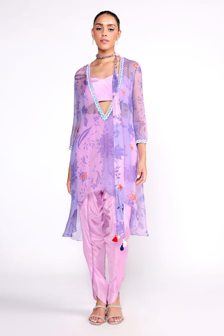 Isha Gupta Tayal Purple  Organza Printed Floral  Deep V Neck Pant Set 