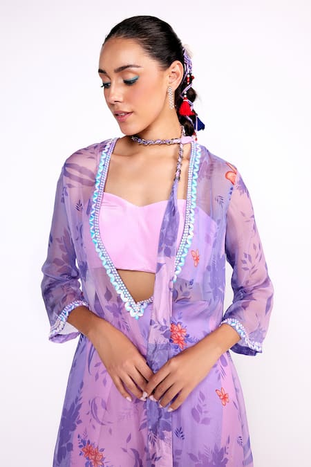 ISHA GUPTA TAYAL Purple Silk, Crepe, Organza Sequins, Embroidery Floral Print Tunic Pant Set Online at Aza Fashions ISHA GUPTA TAYAL_Purple Silk, Crepe, Organza Sequins, Embroidery Floral Print Tunic Pant Set _Online_at_Aza_Fashions