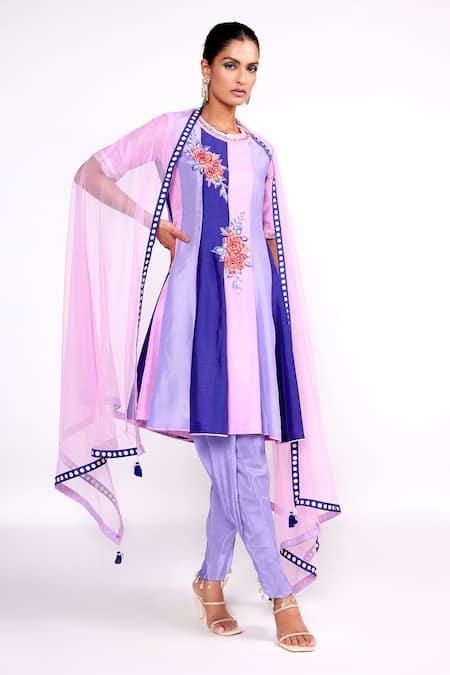 ISHA GUPTA TAYAL Purple Silk, Crepe Embroidery, Sequins Color Blocked Anarkali Tulip Pant Set Online at Aza Fashions ISHA GUPTA TAYAL_Purple Silk, Crepe Embroidery, Sequins Color Blocked Anarkali Tulip Pant Set _Online_at_Aza_Fashions