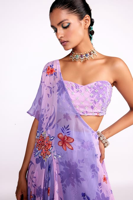 ISHA GUPTA TAYAL_Purple Georgette, Crepe Embroidery, Cut Work, Floral Print Tunic Sharara Set _Online_at_Aza_Fashions