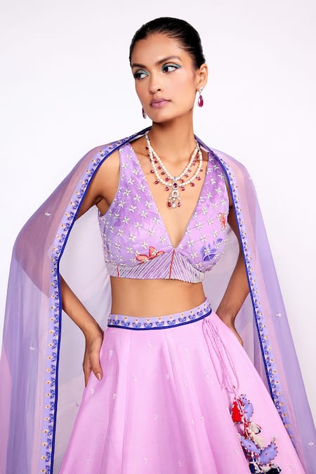 Shop ISHA GUPTA TAYAL Purple Silk, Organza Tassels, Sequins, Printed And Embroidered Kalidar Lehenga Set Online at Aza Fashions Shop_ISHA GUPTA TAYAL_Purple Silk, Organza Tassels, Sequins, Printed And Embroidered Kalidar Lehenga Set _Online_at_Aza_Fashions