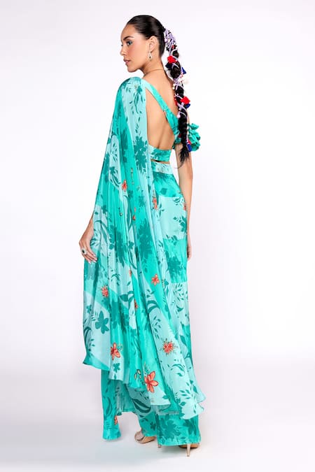 Shop_ISHA GUPTA TAYAL_Green Crepe Sequins, Embroidery Asymmetric Floral Print Draped Top And Skirt Set _at_Aza_Fashions