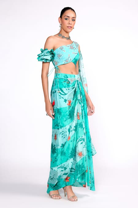 ISHA GUPTA TAYAL_Green Crepe Sequins, Embroidery Asymmetric Floral Print Draped Top And Skirt Set _Online_at_Aza_Fashions