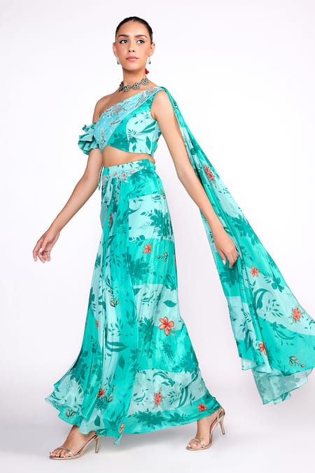 Buy_ISHA GUPTA TAYAL_Green Crepe Sequins, Embroidery Asymmetric Floral Print Draped Top And Skirt Set _Online_at_Aza_Fashions