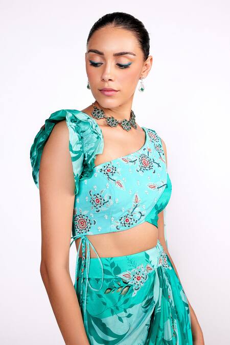 Shop_ISHA GUPTA TAYAL_Green Crepe Sequins, Embroidery Asymmetric Floral Print Draped Top And Skirt Set _Online_at_Aza_Fashions