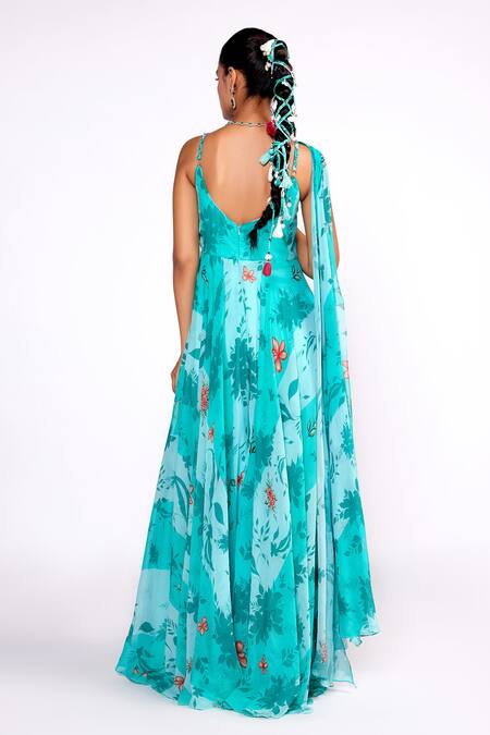 Shop_ISHA GUPTA TAYAL_Green Georgette, Satin Sequins Round Neck Floral Print Draped Jumpsuit _at_Aza_Fashions