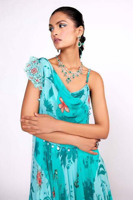 ISHA GUPTA TAYAL_Green Georgette, Satin Sequins Round Neck Floral Print Draped Jumpsuit _Online_at_Aza_Fashions
