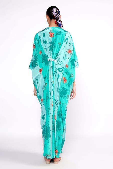 Shop_ISHA GUPTA TAYAL_Green Crepe, Linen Embroidery, Sequins V-neck Floral Print Kaftan _at_Aza_Fashions