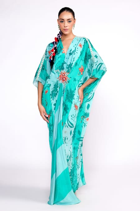 ISHA GUPTA TAYAL_Green Crepe, Linen Embroidery, Sequins V-neck Floral Print Kaftan _Online_at_Aza_Fashions