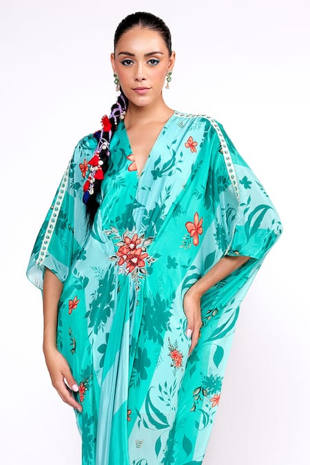 Buy_ISHA GUPTA TAYAL_Green Crepe, Linen Embroidery, Sequins V-neck Floral Print Kaftan _Online_at_Aza_Fashions