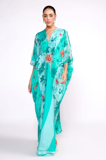 Shop_ISHA GUPTA TAYAL_Green Crepe, Linen Embroidery, Sequins V-neck Floral Print Kaftan _Online_at_Aza_Fashions