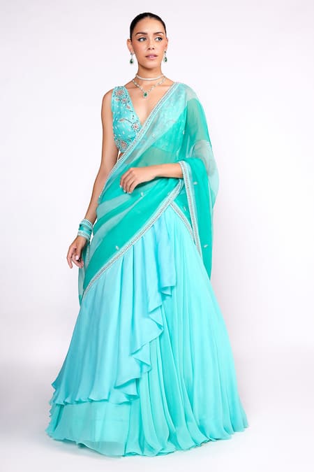 ISHA GUPTA TAYAL Aqua Green Embroidered Lehenga Saree Set 