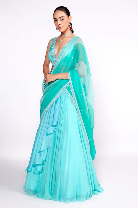 Buy_ISHA GUPTA TAYAL_Green Satin, Organza, Georgette Sequins, Cut Aqua Embroidered Lehenga Saree Set _Online_at_Aza_Fashions