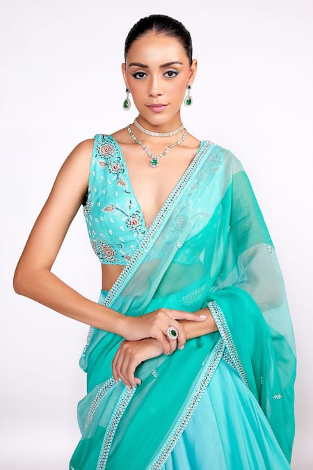 Shop_ISHA GUPTA TAYAL_Green Satin, Organza, Georgette Sequins, Cut Aqua Embroidered Lehenga Saree Set _Online_at_Aza_Fashions