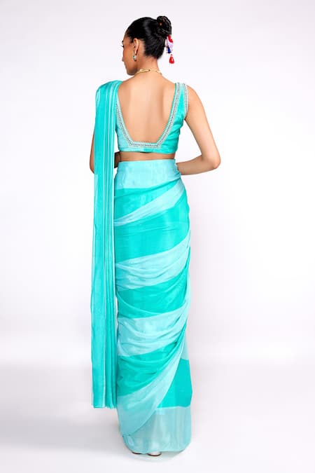 ISHA GUPTA TAYAL Striped Print Pre-Draped Saree With Blouse