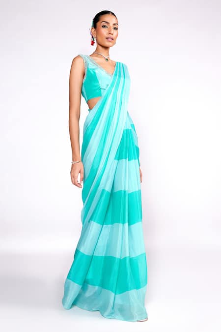 Buy ISHA GUPTA TAYAL Green Chiffon, Silk, Satin Sequins, Striped Print Pre-draped Saree With Blouse Online at Aza Fashions Buy_ISHA GUPTA TAYAL_Green Chiffon, Silk, Satin Sequins, Striped Print Pre-draped Saree With Blouse _Online_at_Aza_Fashions