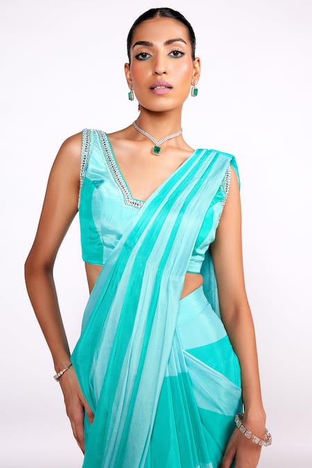 Shop ISHA GUPTA TAYAL Green Chiffon, Silk, Satin Sequins, Striped Print Pre-draped Saree With Blouse Online at Aza Fashions Shop_ISHA GUPTA TAYAL_Green Chiffon, Silk, Satin Sequins, Striped Print Pre-draped Saree With Blouse _Online_at_Aza_Fashions
