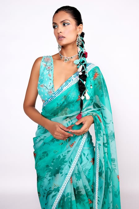 ISHA GUPTA TAYAL_Green Georgette, Satin, Organza Cut Work, Embroidery, Floral Print Saree Set _Online_at_Aza_Fashions